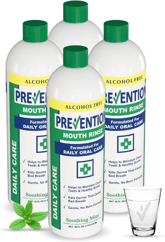 Prevention Daily Care Alcohol-Free Mouthwash, Hydrogen Peroxide Teeth Whitening with Soothing Fresh Mint for Bad Breath Treatment, Fluoride-Free Gum Care Oral Mouth Rinse 16 oz 4 Pack