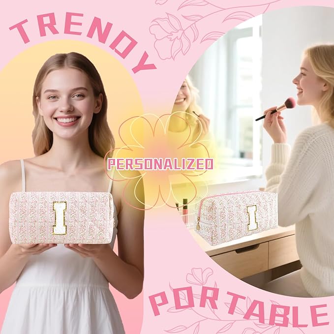 Personalized Quilted Cosmetic Bag, Puffy Monogrammed Christmas Birthday Gifts for Women & Girls, Cute initial Floral Makeup Bag Puffer Coquette Bag, Aesthetic Travel Toiletry Zipper Pouch(Pink,I)