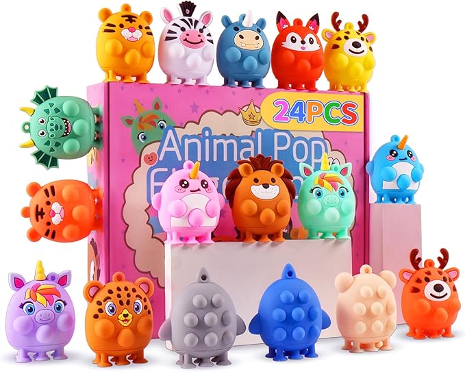 24 PCS Party Favors for Kids, Silicone Animal Pop Fidget Toys with Suction, Birthday Gifts for Boy Girls, Treasure Box Toys, Goodie Bag Stuffers, Prizes for Kids, Pinata Stuffers