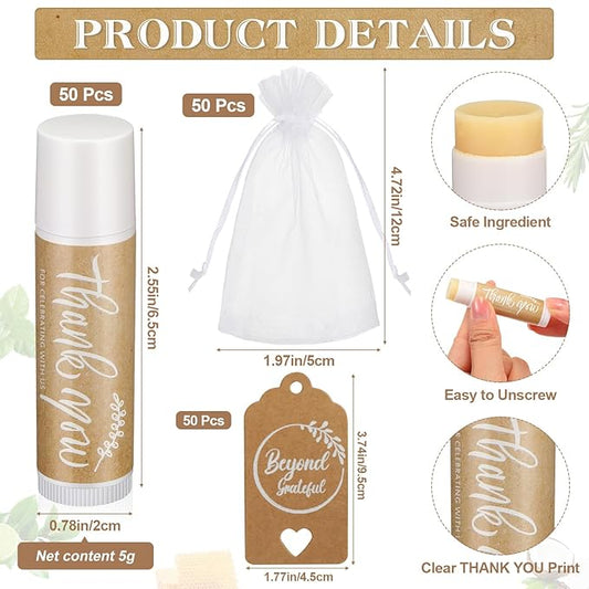 Leelosp Wedding Thank You Lip Balm Bulk Small Natural Moisturizing Mini Balm Lip Care Product Include Organza Bag and Appreciation Card for Women Baby Shower Favors, 5 Fragrance(50 Sets)