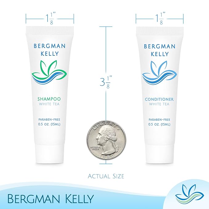 BERGMAN KELLY Round Hotel Soap Bars, Shampoo & Conditioner 3-Piece Set (0.5 oz each, 150 pc, White Tea), Delight Your Guests with Revitalizing & Refreshing Mini Travel Toiletries & Bulk Amenities
