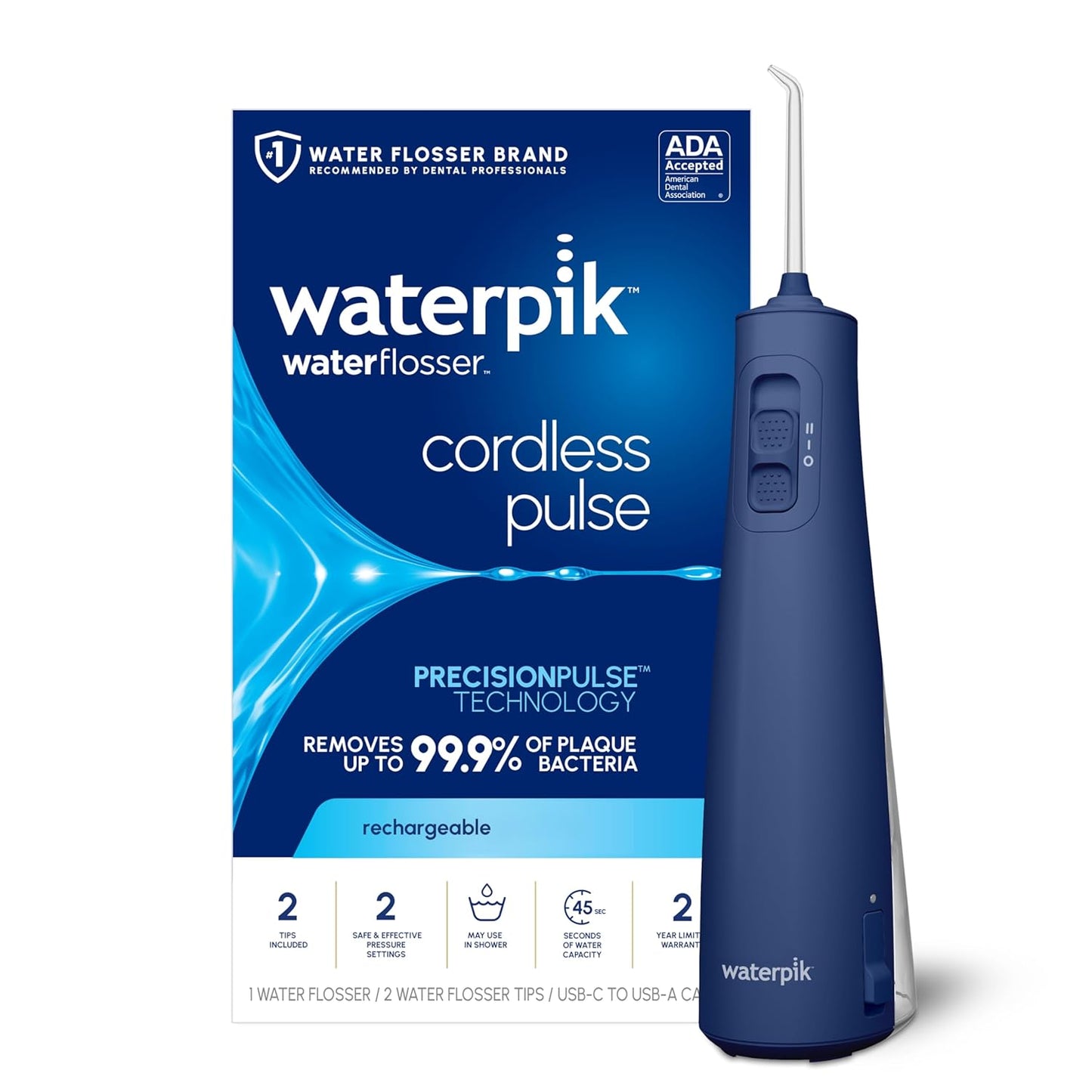 Waterpik Cordless Pulse Rechargeable Portable Water Flosser for Teeth, Gums, Braces Care and Travel with 2 Flossing Tips, Waterproof, ADA Accepted, WF-20 Blue, Packaging May Vary