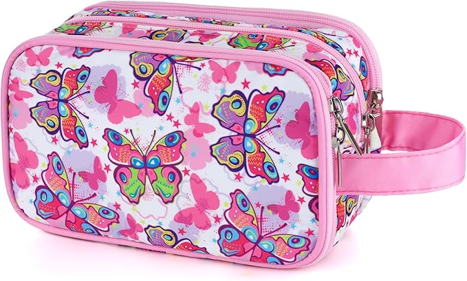 Kids Toiletry Bag for Girls, Travel Toiletry Bag for Little Young Girls Cosmetic Bag Makeup Bag Waterproof Hanging Wash Bag Toddler Toiletries, Butterfly Pink