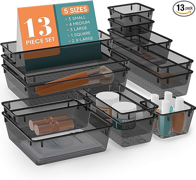 13 PCS Drawer Organizer Set, 5 Varied Size Bathroom and kitchen Drawer cabinet organizer Trays, Clear Storage Bins for Makeup, Jewelry, Utensils and Gadgets, Black