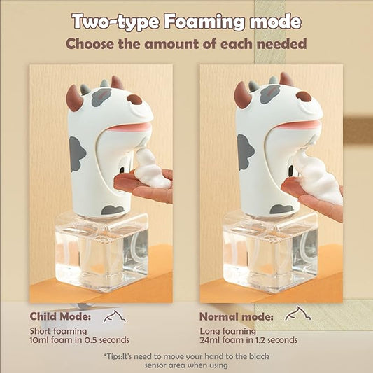 Automatic Soap Dispenser,Foaming Touchless Hand Soap Dispenser for Kids,IPX6 Waterproof Cute Cow Foam Sanitizer Dispenser for Bathroom Countertop, 8.7oz/250ML(Whit
