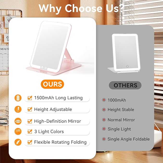 Auxmir Travel Makeup Mirror with 3 Dimmable Color Lights, Portable Foldable LED Lighted Travel Makeup Mirror, Rechargeable Compact Vanity Mirror with Light, Adjustable Height and Angle for Desk, Pink