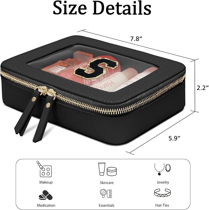 Initial Travel Toiletry Bag - Cosmetic Bags for Girls with Zipper, Clear & Potable Makeup Bag for Travel, Cosmetic Pouch Perfect Gifts for Graduation (Black, S)