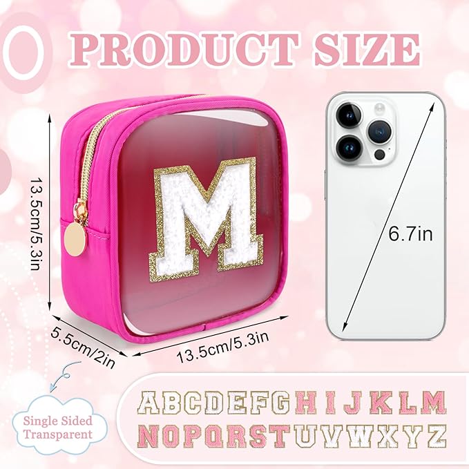 Mini Clear Personalized Initial Makeup Bag,Nylon Preppy A-Z Chenille Letter Patch Zipper Cosmetic Bag, Small Cute Beach Pouch Travel Purse Sanitary Napkin Storage Bag for Women Girls(Hot Pink-White M)