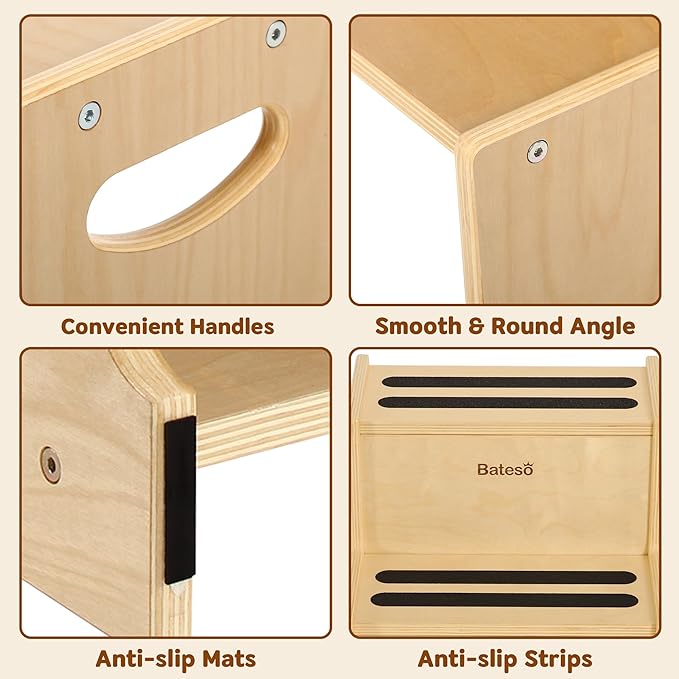 Step Stool for Kids, Wooden Toddler Step Stool with Non-Slip Mats for Bathroom Sink and Kitchen, Potty Training Stool with Handles for Toilet