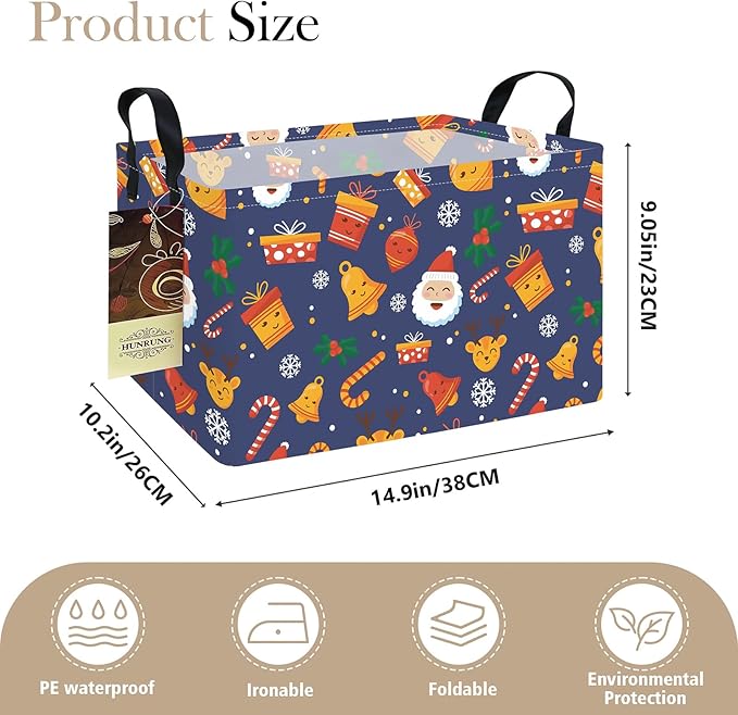 HUNRUNG Rectangle Storage Basket Cute Canvas Organizer Bin for Pet/Children Toys, Books, Clothes Perfect for Rooms/Playroom(REC-Blue Christmas Bell)