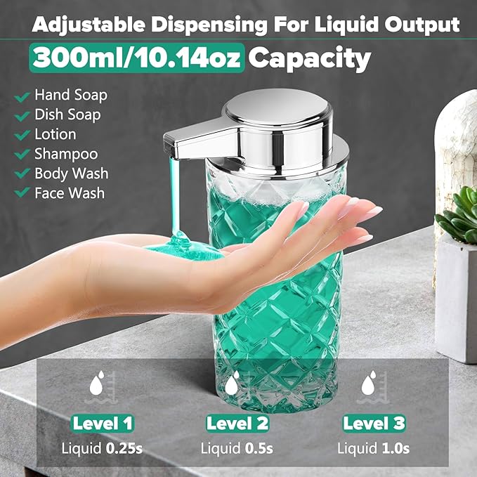 Automatic Soap Dispenser Liquid for Kitchen: 11 OZ Glass Touchless Clear Auto Soap Dispenser for Bathroom - Hand Dish Lotion Home Countertop Kids - Family Couple