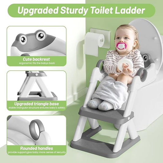 Frog Potty Training Seat, Upgrade Toddler Toilet Seat for Kids Boys Girls, 2 in 1 Potty Training Toilet for Kids, Splash Guard Anti-Slip Pad Step Stool