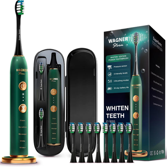 Wagner Stern WT8900 Series Electric Toothbrush – Whitening & Pressure Sensor, 5 Modes, 3 Intensities, 8 Soft Brush Heads, Rechargeable, Travel Case Included