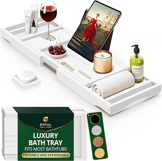 ROYAL CRAFT WOOD Premium Foldable Bathtub Tray - Wood Bath Tray for Tub, Bamboo Shelf, Expandable Bath Table Trays, Bathtub & Bathroom Accessories for New Home & Mothers Day & Birthday Gifts for Mom