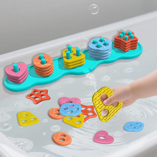 Suction Baby Bath Toys, Mold Free Silcone Shape Sorting & Stacking Bathub Toy, Sensory Toys & Best Gift for Toddlers 3 4 5 Early Learning Bathtub Fun (Geometry)
