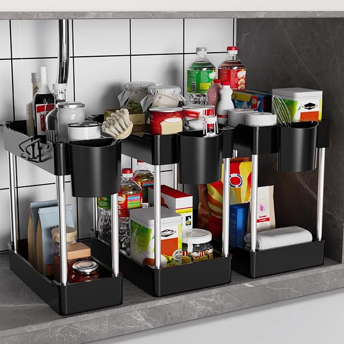 3 Pack Under Sink Organizers and Storage, 2 Tier Bathroom Cabinet Organizer Shelf with Hanging Cups for Kitchen & Bathroom (Black)