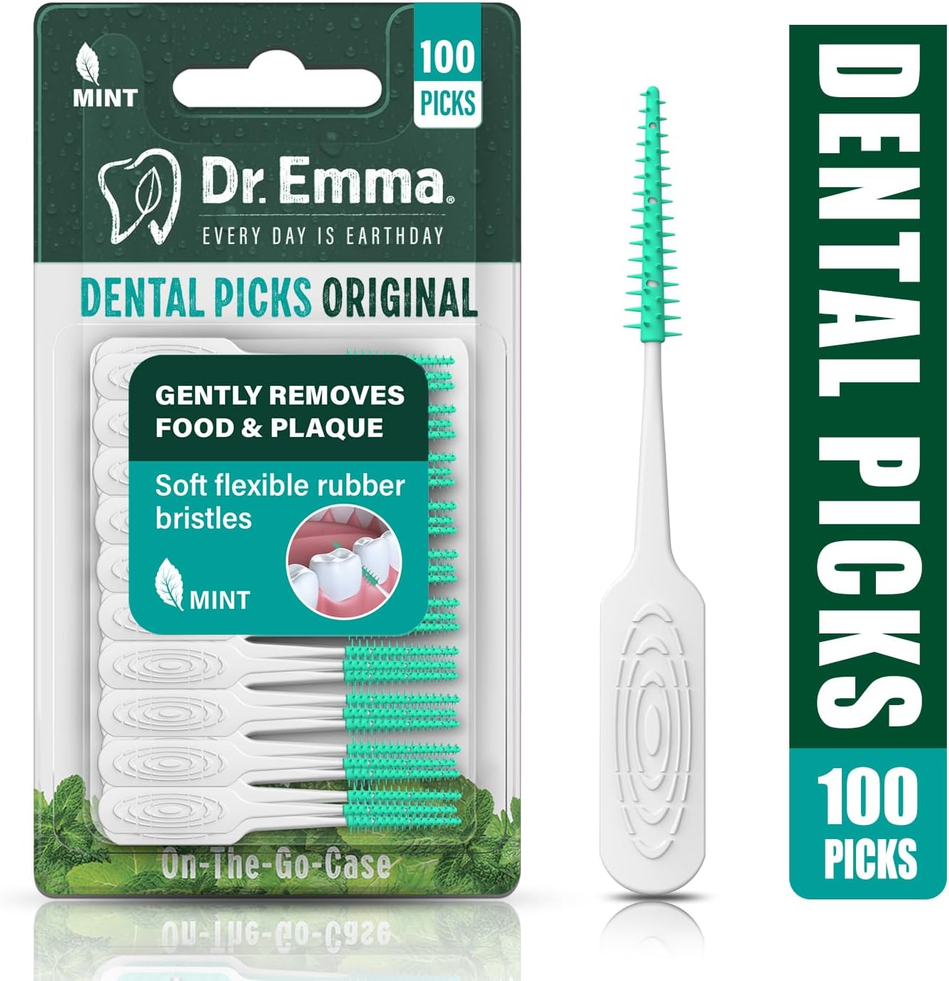 Dr. Emma Original Dental Picks Mint Soft Rubberized Tooth Picks Easy to Use Brush Picks 100Ct/Pack, 2 Packs (200Ct)