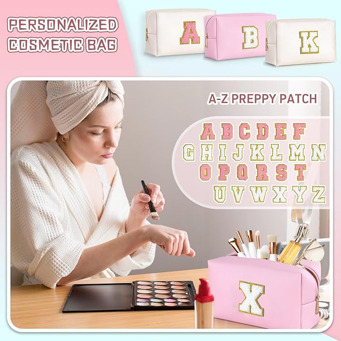 TOPEAST Preppy Makeup Bag, Small Cosmetic Travel Bags for Women, PU Leather Waterproof Toiletry Bag with Zipper, Personalized Birthday Gift for Women Girl, Preppy Gifts for Girl (Pink F)