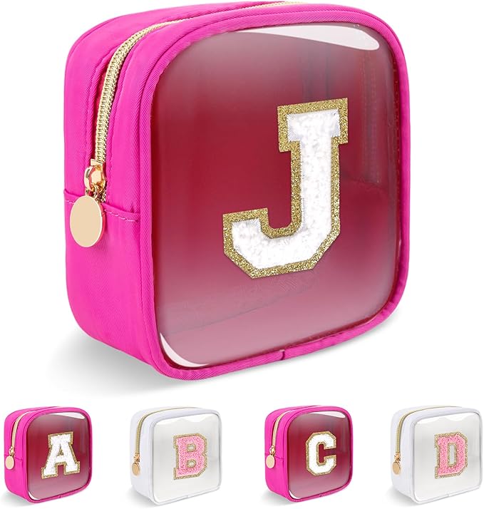 Personalized Initial Letter Clear Preppy Makeup Bag,Mini Nylon Chenille Letter Cosmetic Bag Cute Zipper Pouch Coin Purse for Teen Girls,Portable TSA Approved Travel Essentials Bag Gift for Women,J