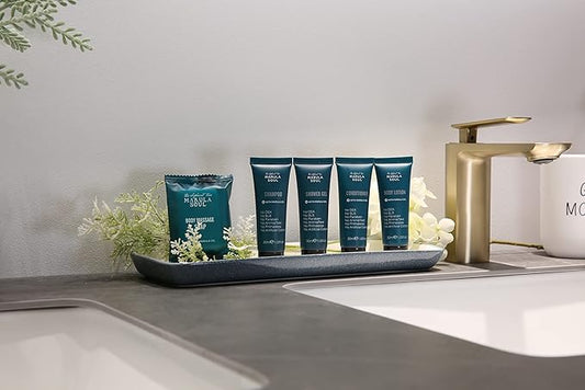OPPEAL Marula Soul Travel Size Toiletries 5-Piece Set | 1 oz Shampoo, Conditioner, Body Wash & Body Lotion, Facial Soap | Ambergris Scent | 150 Pcs Total | Ample Bulk for Guests