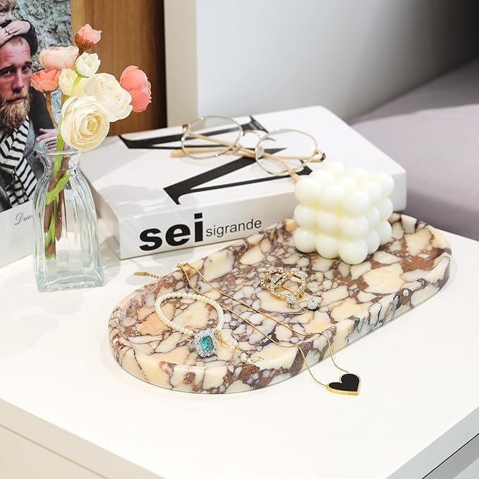 Koville Natural Decorative Marble Bathroom Tray, 12"x6" Calacatta Viola Marble Catchall Tray for Bathroom, Stone Perfume Trays Jewelry Dish for Dresser, Stone Storage Trays for Home Decor