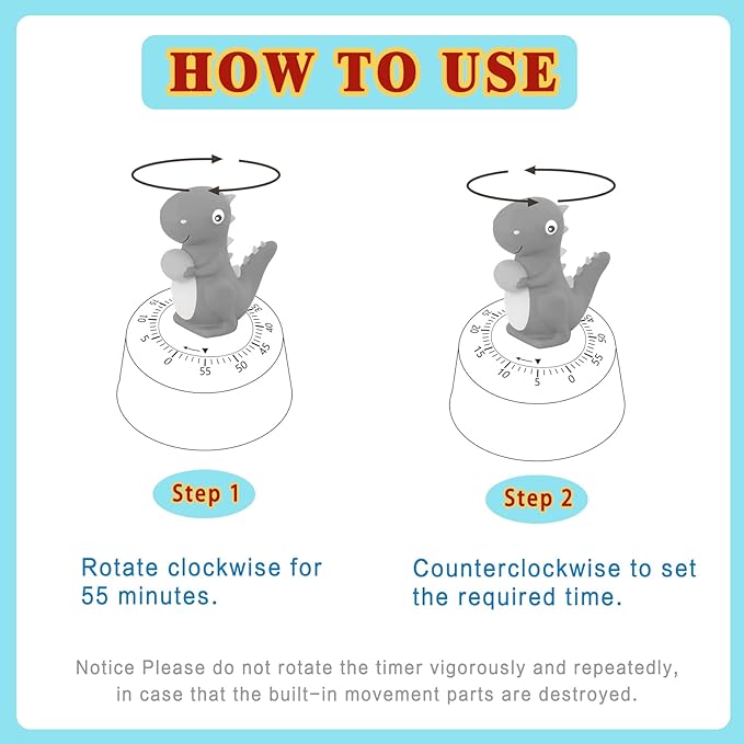 2 Pack Kitchen Timer, Cute Dinosaur Timer for Kids, 100% Mechanical Egg Timer for Cooking/Reading/Classroom/Do Sports.（Dinosaurs）