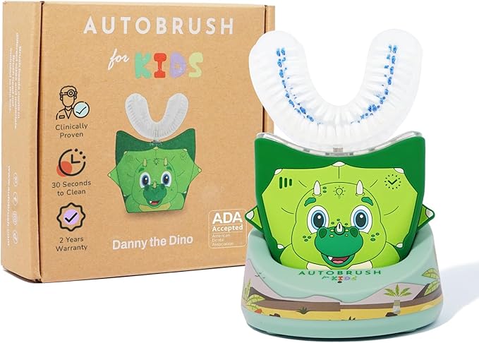 autobrush Kids Electric Toothbrush – Only ADA Accepted U-Shaped Toothbrush, Clinically Proven Up to 5.1X Better Cleaning, 30 Seconds, Full-Mouth 360 Coverage, LED Lights, Music, Ages 3-5, Dinosaur