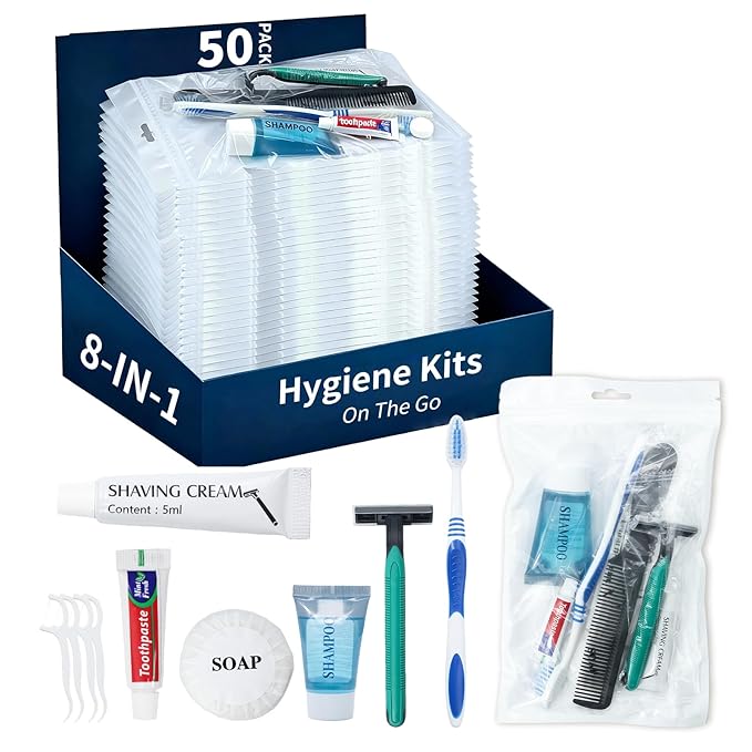 50 Pack Hygiene Kits for Homeless in Bulk, 8-in-1 Personal Toiletry Kit Individually Packed with Toothbrush, Toothpaste, Comb, Flossers,Shampoo, Soap, Razor & Shaving Cream