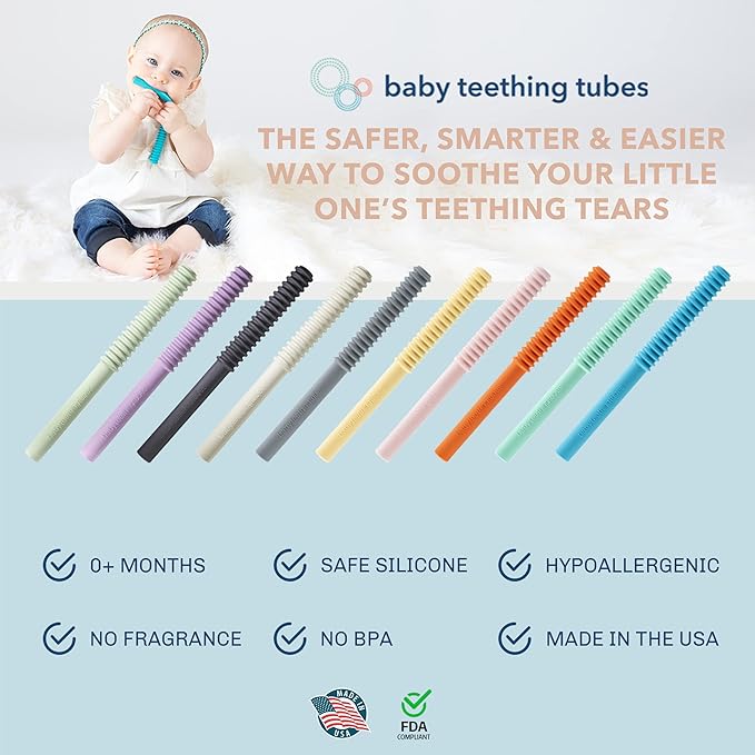 Baby Teething Tubes - Made in The USA Baby Teething Toys - Soft & Durable Infant Toys and Toddler Silicone Teether - 7 Inches, Orange - Baby Must Haves for Teething Relief - Food Safe & Easy to Clean