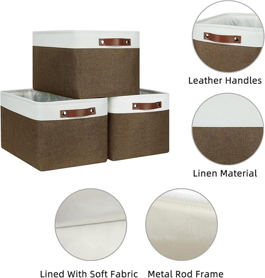 HNZIGE Fabric Storage Baskets (3 Pack) - Decorative Foldable Shelf Baskets with Leather Handles for Organizing Clothes (Brown & White, 15" x 11" x 9.5")