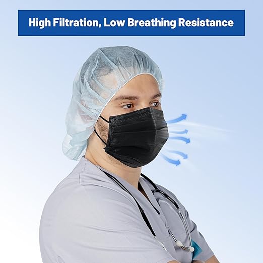 JMU 500 Pcs Black Disposable Face Masks, 4-Ply Protection ASTM Level 3 Medical Masks for Adults, 10 Box