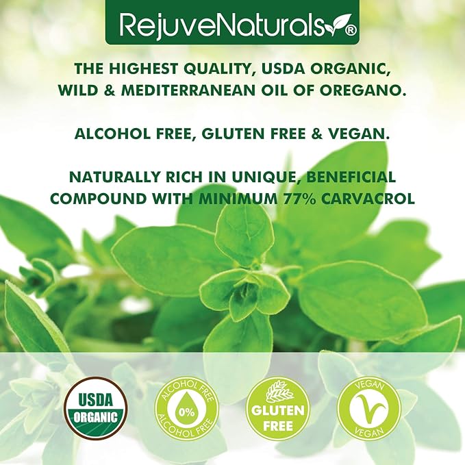 RejuveNaturals Oil of Oregano, USDA Organic - 1 fl oz (30ml Liquid) Wild, Mediterranean Oregano Oil. Concentrated Immune Support Drops. Gluten Free, Vegan & Non-GMO. Min 77% Carvacrol