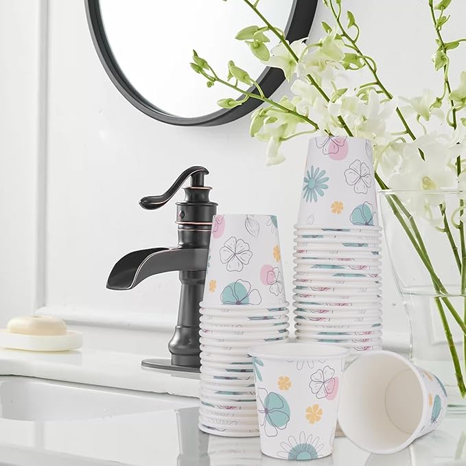 Lamosi 3 oz Bathroom Paper Cups 300 Pack, Floral Disposable Small Mouthwash Drinking Cup for Water, Coffee, Sample, Tasting and Dessert