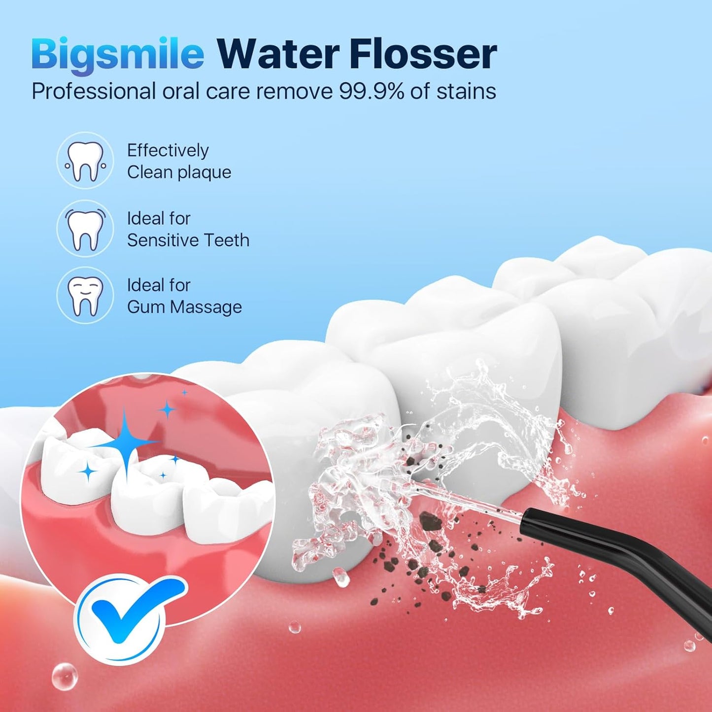 Bigsmile Black Water Flosser Cordless Portable Dental Irrigator Travel Shower Strong Pick Floss IPX7 200ML Must Have for Kids Braces Bridges (Black