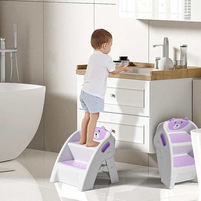 TPN Toddler Step Stool for Bathroom Sink and Potty Training Durable Anti-Slip,Anti-Tip A-Frame,10-Second Assembly, 2-Step Potty Stool with Wide Steps (Purple)