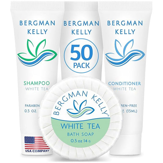 BERGMAN KELLY Round Hotel Soap Bars, Shampoo & Conditioner 3-Piece Set (0.5 oz each, 150 pc, White Tea), Delight Your Guests with Revitalizing & Refreshing Mini Travel Toiletries & Bulk Amenities