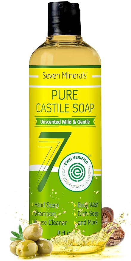 Pure Castile Soap - No Palm Oil, GMO-Free - Gentle Liquid Soap For Sensitive Skin & Baby Wash - All Natural Vegan Formula with Organic Carrier Oils (8 Fl Oz, An Unscented)