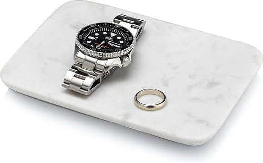 Beau Brummell Solid White Marble Decorative Jewelry & Accessory Tray for Bathroom, Kitchen, Vanity, Dresser, Nightstand or Desk | Hand Crafted from 100% Real Solid White Marble | 6.5"x4.5"x 0.5"