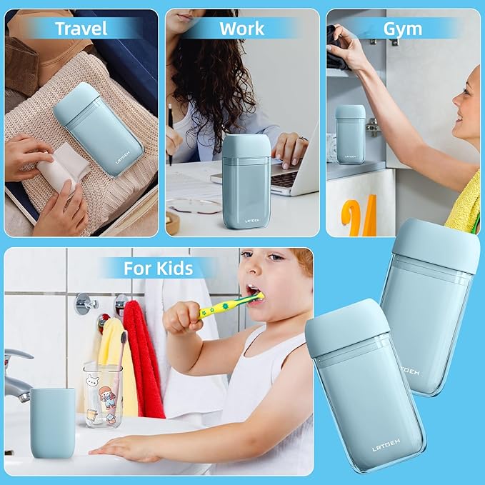 Travel Toothbrush Case, Mini Wash Cup with Foldable Toothbrush, Portable Rinse Cups with Cover, Compact Size Toothbrushes Holder for Camping, Business, Gym, Hiking(Blue)