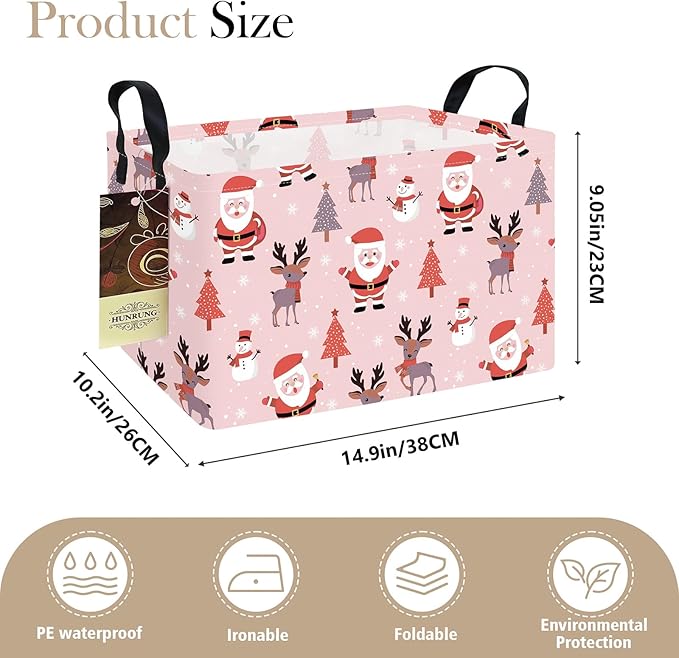 HUNRUNG Rectangle Storage Basket Cute Canvas Organizer Bin for Pet/Children Toys, Books, Clothes Perfect for Rooms/Playroom(REC-Pink Father Christmas)