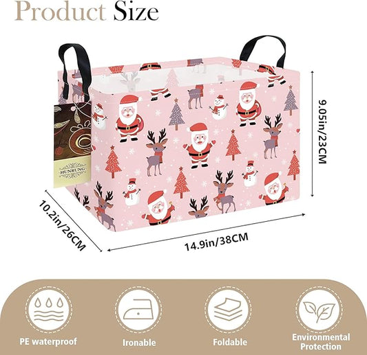 HUNRUNG Rectangle Storage Basket Cute Canvas Organizer Bin for Pet/Children Toys, Books, Clothes Perfect for Rooms/Playroom(REC-Pink Father Christmas)