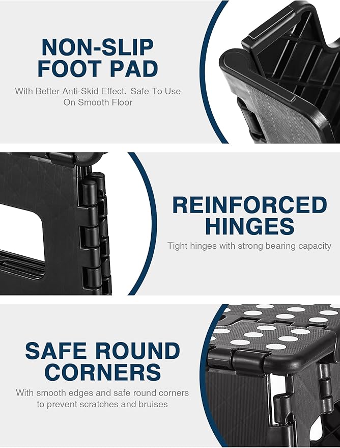 Dyforce Folding Step Stool 13", Heavy Duty Step Stools for Adults and Kids, Compact Foot Stools, Light-Weight Toddler Foldable Step Stool for Kitchen, Bathroom, Holds Up to 300 lbs (Black)
