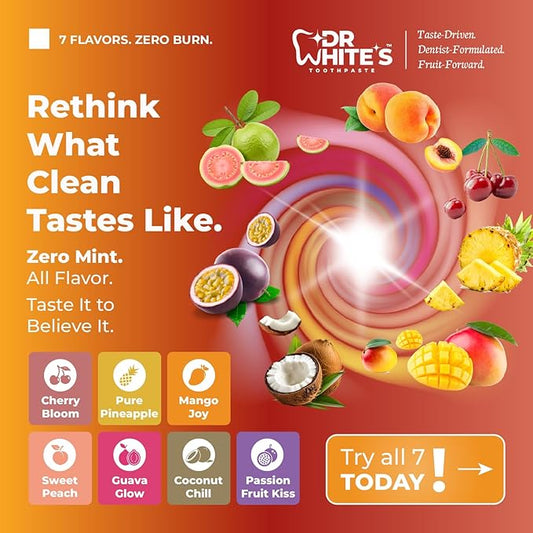 Dr. White’s Fluoride-Free nHA Toothpaste; Dentist-Formulated, Nano Hydroxyapatite + Xylitol, Sensitivity Relief Complex™, Mint-Free, Enamel Safe, Swallow-Safe (3.5 Oz, Mango Joy)