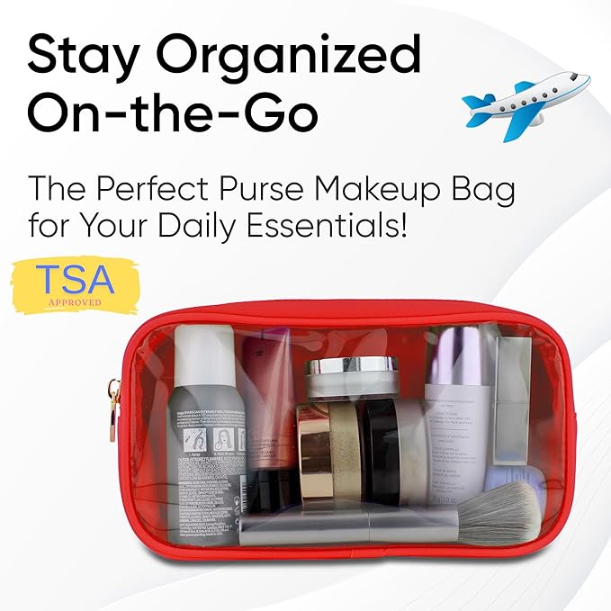 DANCOUR Small Clear Makeup Bag – Mini Pouch for Purse, Red Cosmetic Travel Case, Compact Clear Cosmetic Bag, Mini Pouch for Purse