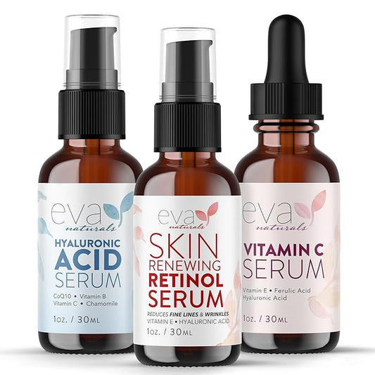 Eva Naturals Anti-Aging Serum Set – Vitamin C, Retinol & Hyaluronic Acid Serums for Face, Hydrating Bundle for Skin, Fine Lines, Wrinkles, Collagen, Firming, Plumping, Radiance & Youthful Hydration