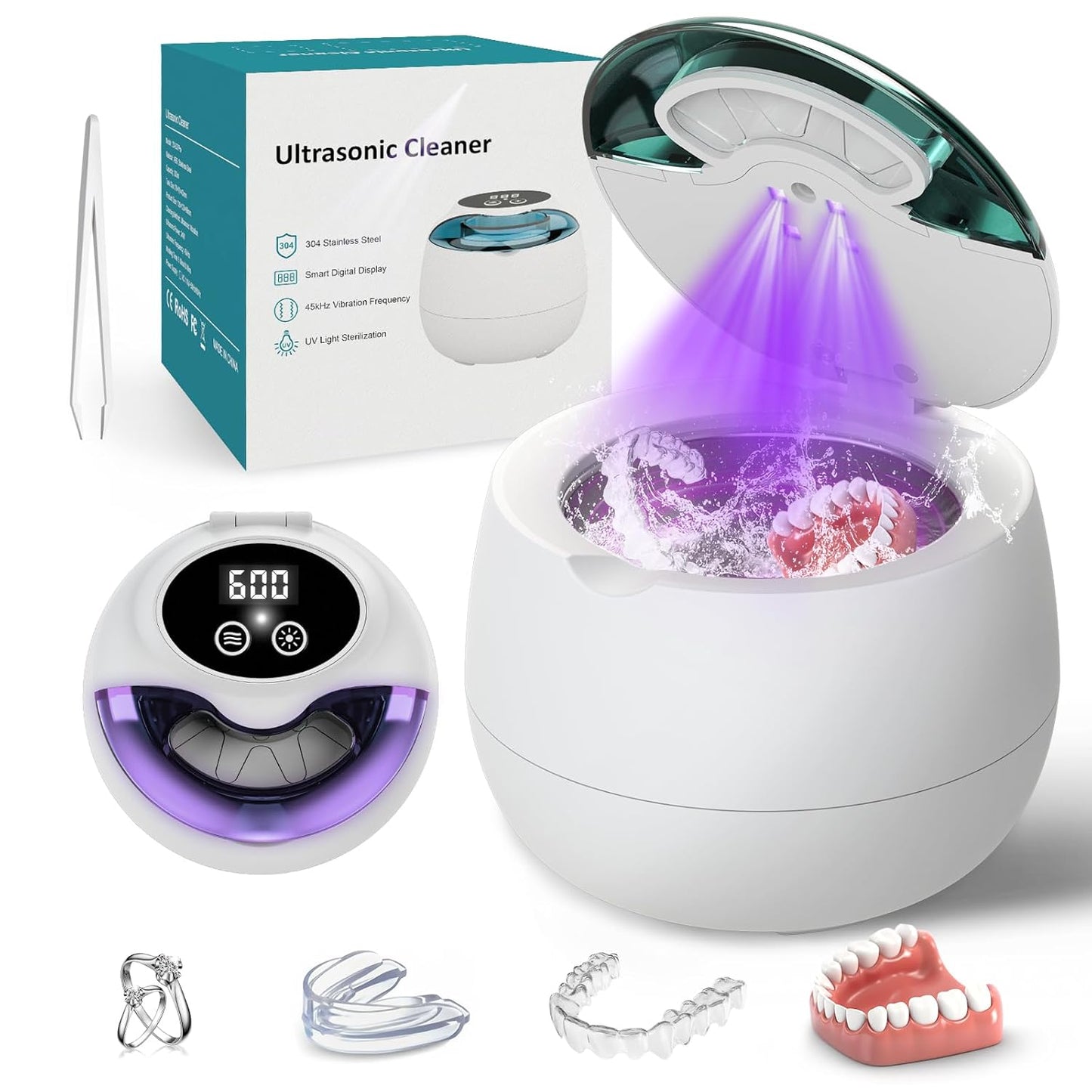 Denture Ultrasonic Retainer Cleaner Machine - 45kHz Retainer Cleaner Machine with 200ML Dental Pod, 9 Modes Ultrasonic Cleaner for Denture, Mouth Guard Clenching, Aligner, Braces, Toothbrush, Jewelry