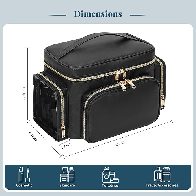 Large Makeup Bag, Portable Travel Makeup Bag Organizer for Women Girls with Makeup Brush Compartment & Two Side Pockets, Cosmetic Travel Bag Vertical Storage Toiletry Bag - Black