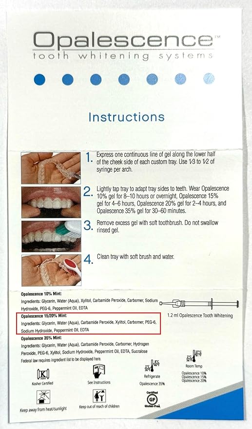 Opalescence 20% Teeth Whitening Refill Kit (4 Syringes) Carbamide Peroxide. Made by Ultradent, in Mint Flavor. Tooth Whitening Refill Syringes. Includes a Toothbrush. - 5196-2TB