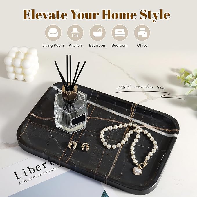 Koville Marble Tray, 12"x8" Marble Vanity Tray for Bathroom Kitchen Countertop, Rectangular Stone Tray for Cosmetics Perfume Trinket, Decorative Catchall Trays (Black)