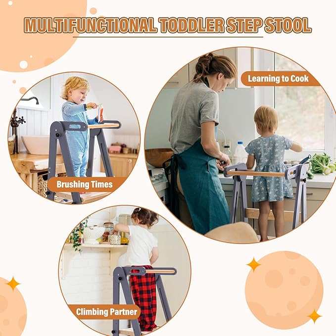 Foldable Toddler Kitchen Stool Helper - Adjustable Height Folding Toddler Standing Tower, Kids Helper Stool with Safty Rail for Kitchen Counter Bathroom (Grey)